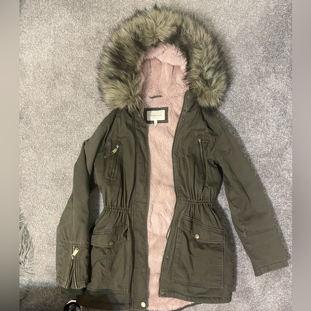 BCBGeneration Army Green Parka Lined Coat with Faux Fur Hood